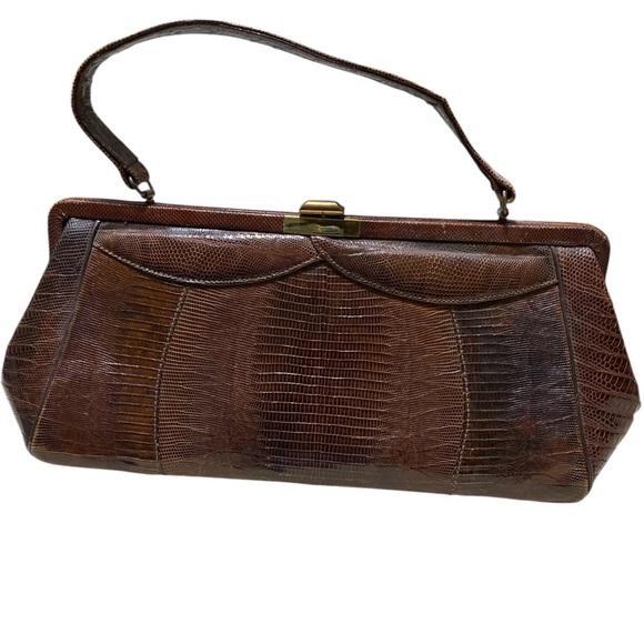 Vintage Snakeskin Elegant Brown Leather Clutch with Brass Hardware